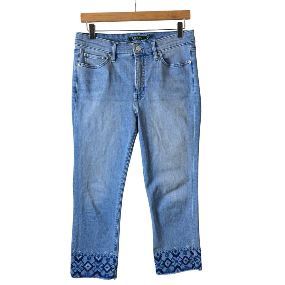 Lauren Ralph Lauren Women’s embroidered straight crop jeans blue Hem Boho Size 8
